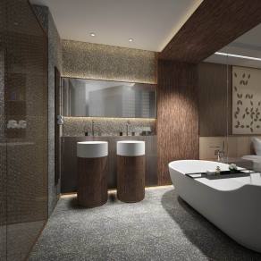 现代酒店公共卫生间 浴缸 洗手台 金属镜子 淋浴房